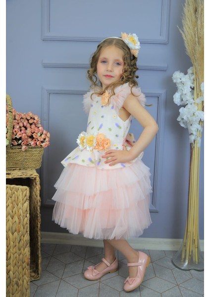 Tül Etekli Çiçek Desenli ve Detaylı Kız Çocuk Abiye Elbise modelleri