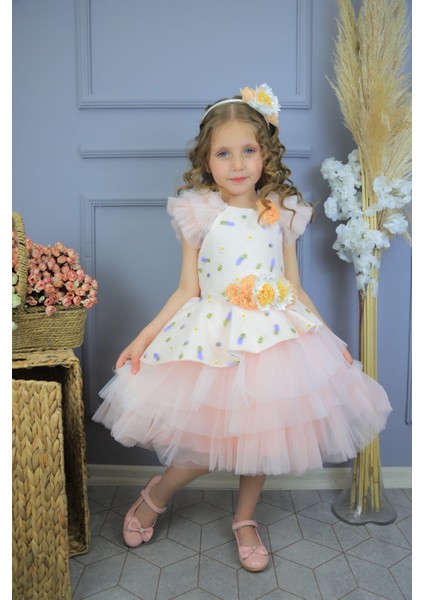 Tül Etekli Çiçek Desenli ve Detaylı Kız Çocuk Abiye Elbise fırsatları