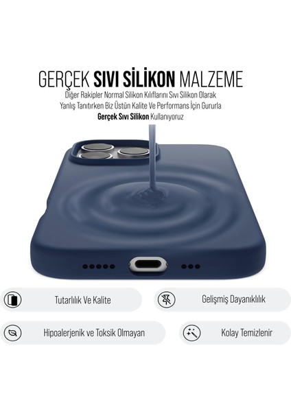 iPhone 16 Pro Max Kılıf Ince Sıvı Silikon 3 Katmanlı Tam Kaplamalı Yumuşak Jel Kauçuk Kılıf Kapak Lacivert