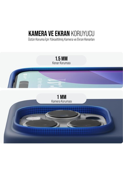 iPhone 16 Pro Max Kılıf Ince Sıvı Silikon 3 Katmanlı Tam Kaplamalı Yumuşak Jel Kauçuk Kılıf Kapak Lacivert