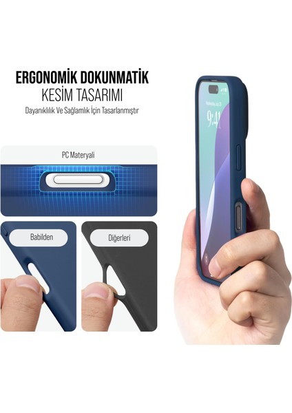 iPhone 16 Pro Max Kılıf Ince Sıvı Silikon 3 Katmanlı Tam Kaplamalı Yumuşak Jel Kauçuk Kılıf Kapak Lacivert