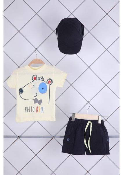 Babyhola 3'lü Tişört Keten Şort Şapka Erkek Bebek Çocuk Bayramlık Alt Üst Takım Elbise 02111