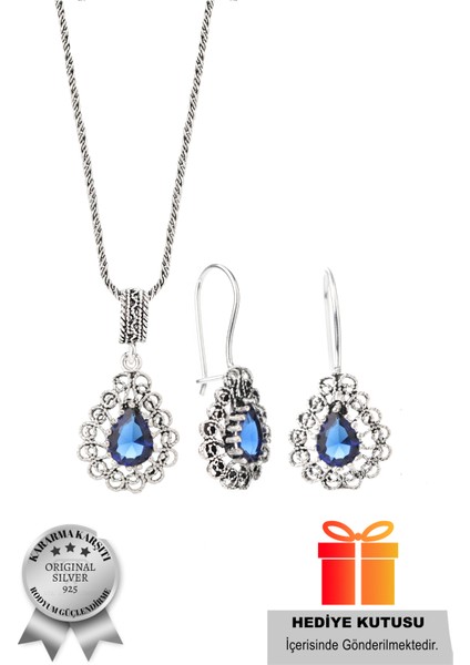 925 Ayar Gümüş Taşlı Damla Model Oksitli Telkari Kadın Set (Özel Kutulu) fiyatları