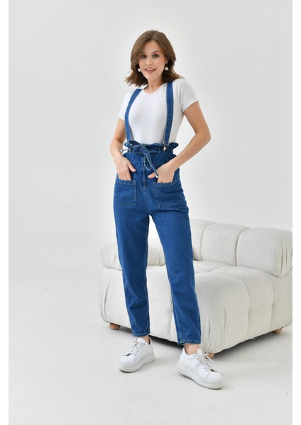 Kadın Koyu Mavi Beli Lastikli Denim Bahçıvan Salopet Tulum