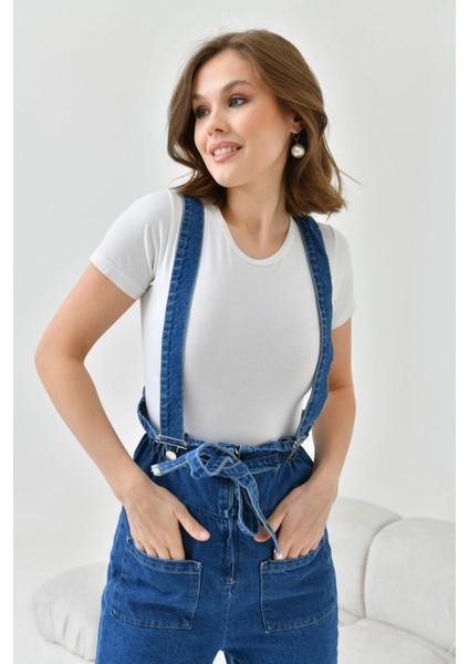 Kadın Koyu Mavi Beli Lastikli Denim Bahçıvan Salopet Tulum