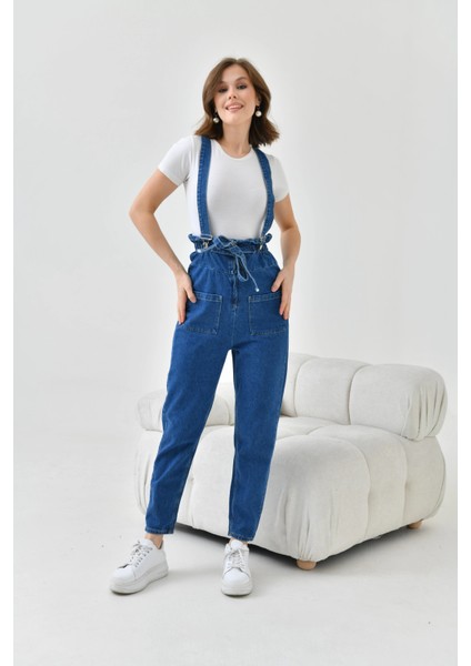 Kadın Koyu Mavi Beli Lastikli Denim Bahçıvan Salopet Tulum