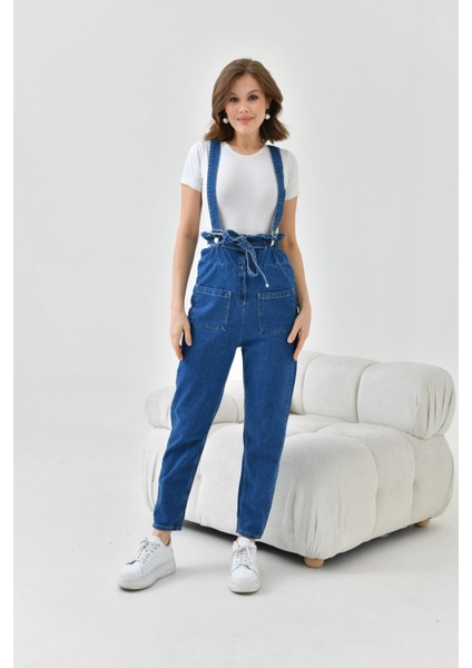 Kadın Koyu Mavi Beli Lastikli Denim Bahçıvan Salopet Tulum
