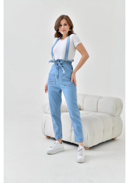 Kadın Açık Mavi Beli Lastikli Denim Bahçıvan Salopet Tulum
