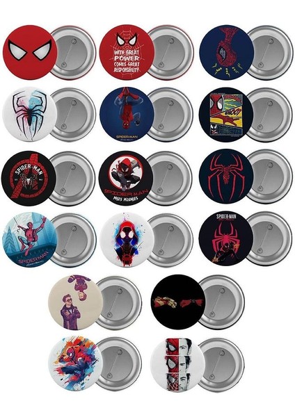 Spider Man Çanta Rozeti Seti 16 Adet Örümcek Adam En Büyük Boy 5.8cm Iğneli Broş