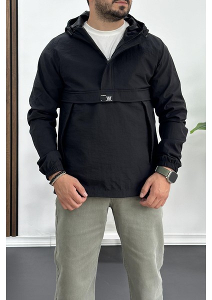 Erkek Slim Fit Krinkıl Kumaş Kanguru Cepli Yarım Fermuarlı Yağmurluk Mont Siyah Edw077