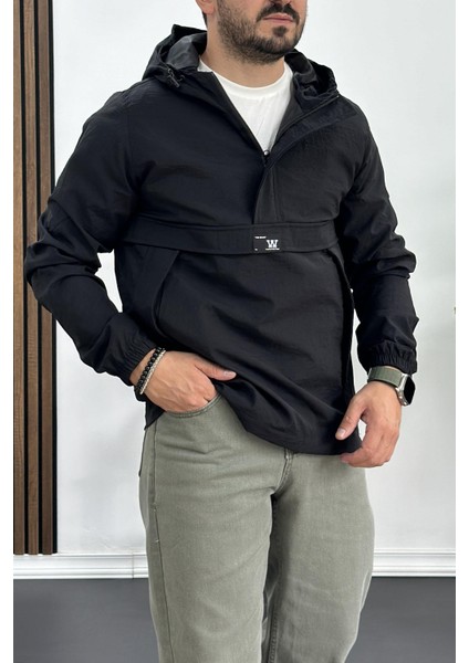 Erkek Slim Fit Krinkıl Kumaş Kanguru Cepli Yarım Fermuarlı Yağmurluk Mont Siyah Edw077