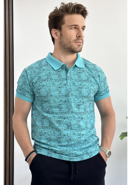 Erkek Slim Fit Desenli Polo Yaka Tişört Mavi EDW153