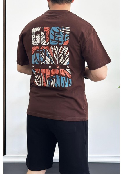 Erkek Oversize Pamuk Sırt Baskılı T-Shirt Kahverengi EDW161