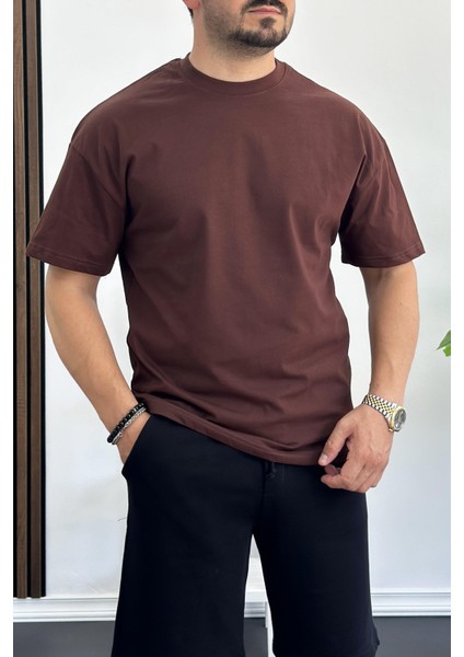 Erkek Oversize Pamuk Sırt Baskılı T-Shirt Kahverengi EDW161 fiyatları