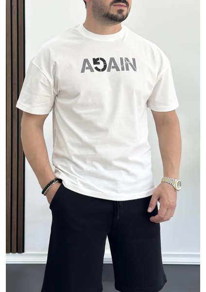 Erkek Oversize Pamuk Baskılı T-Shirt Beyaz EDW154