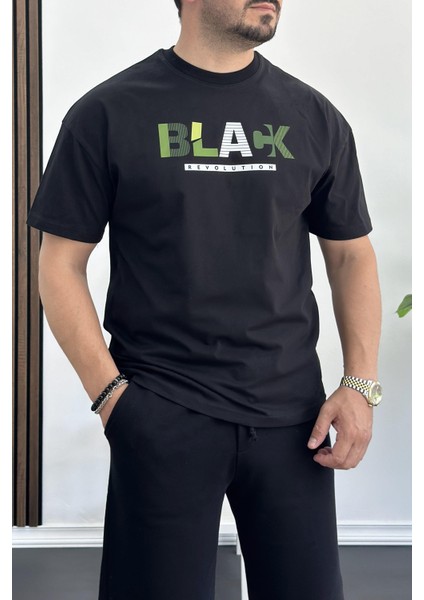 Erkek Oversize Pamuk Baskılı T-Shirt Siyah EDW155