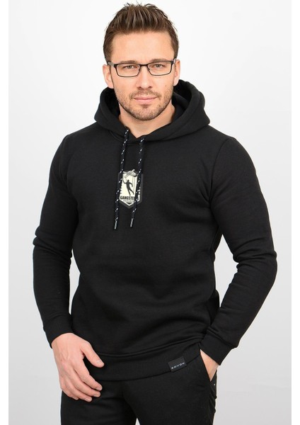 Üç Iplik Şardonlu Baskılı Kapüşonlu Sweatshirt Siyah EDW179