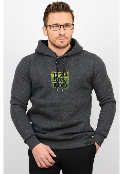 Üç Iplik Şardonlu Baskılı Kapüşonlu Sweatshirt Antrasit EDW180