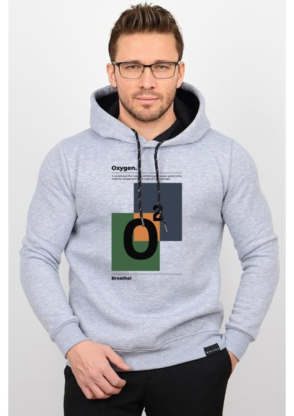 Üç Iplik Şardonlu Baskılı Kapüşonlu Sweatshirt Gri EDW181