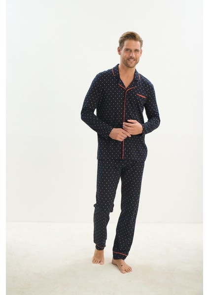 Erkek Uzun Kol Gömlek Yaka Önden Düğmeli Lacivert Pijama Takım C4T1N4O9 modelleri