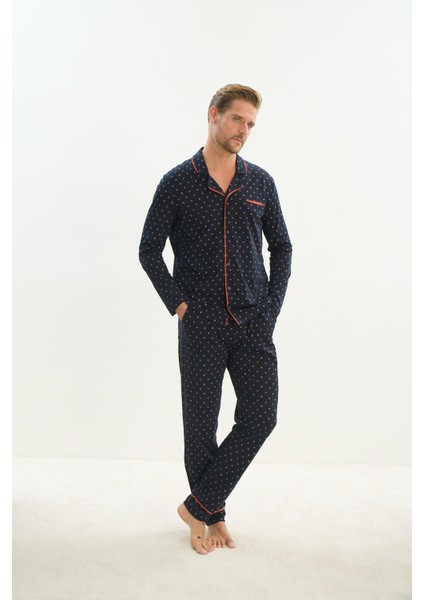 Erkek Uzun Kol Gömlek Yaka Önden Düğmeli Lacivert Pijama Takım C4T1N4O9 fırsatları