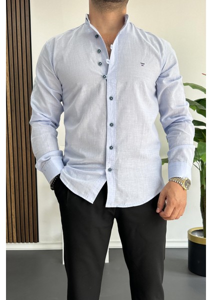 Erkek Hakim Yaka Pamuklu Uzun Kollu Gömlek Açık Mavi Edw175