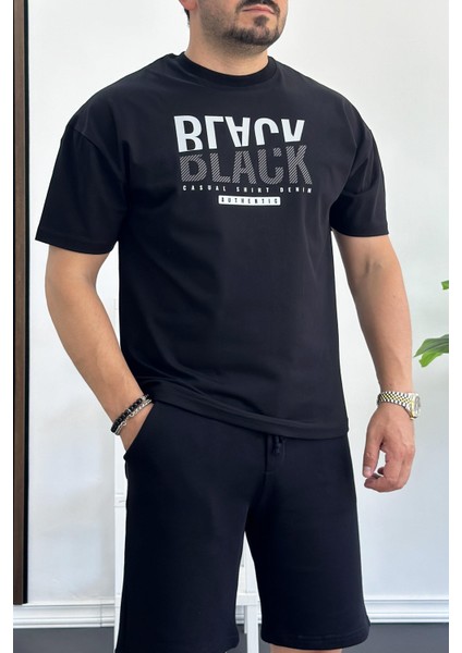 Erkek Oversize Pamuk Baskılı T-Shirt Siyah EDW157