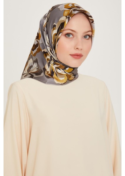 Armine İpek Eşarp 2025 Kış - 9234-32 Gri Sarı Twill