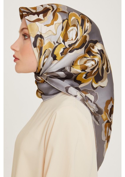 Armine İpek Eşarp 2025 Kış - 9234-32 Gri Sarı Twill