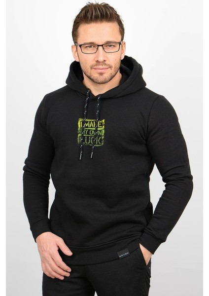 Üç Iplik Şardonlu Baskılı Kapüşonlu Sweatshirt Siyah EDW180