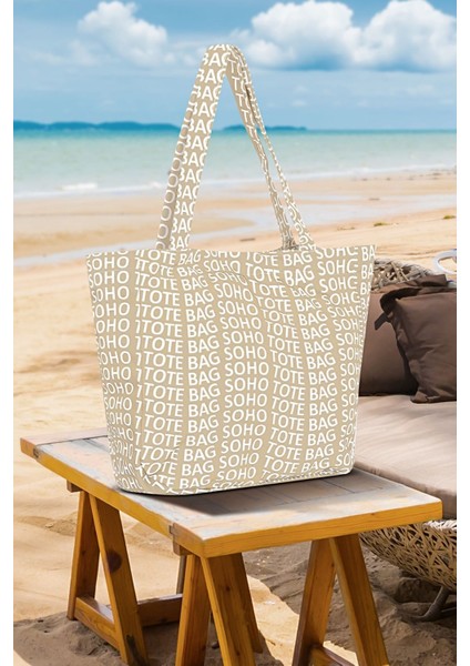 Geniş Hacimli Yazılı Yazlık Beach Bag El Kol Omuz Için Büyük Boy Plaj Çantası