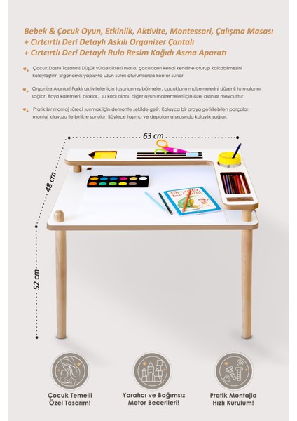 Montessori Organizerli Ahşap Çocuk Oyun, Aktivite, Etkinlik ve Çalışma Masası Solid Gri