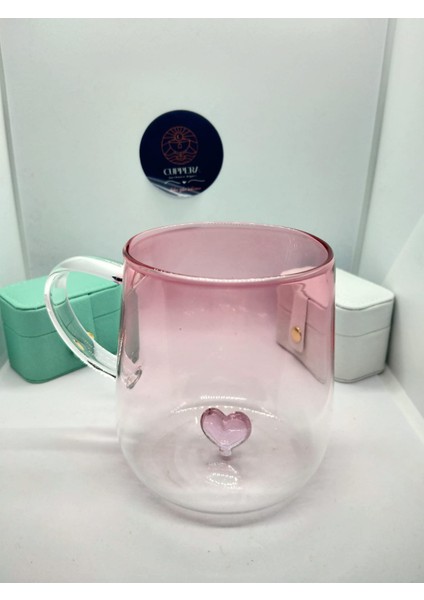 Pembe Kalp Desenli Borosilikat Cam Bardak