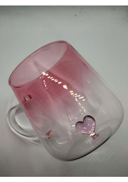 Pembe Kalp Desenli Borosilikat Cam Bardak