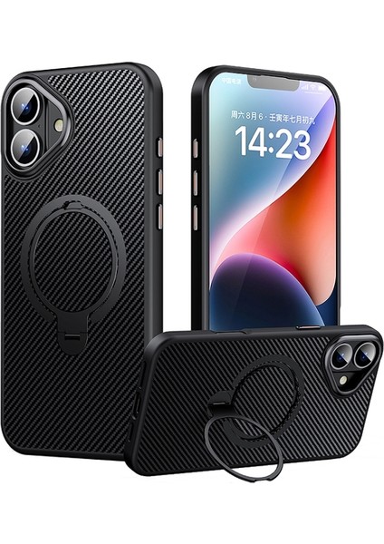 iPhone 16 Plus Kılıf Manyetik Şarj Özellikli Yüzüklü Standlı Karbon Kapak