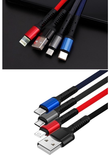 Işıklı Anahtarlık Model 3 In 1 USB Çıkışlı Mikro,type-C ve Iphone Uyumlu Şarj Kablosu