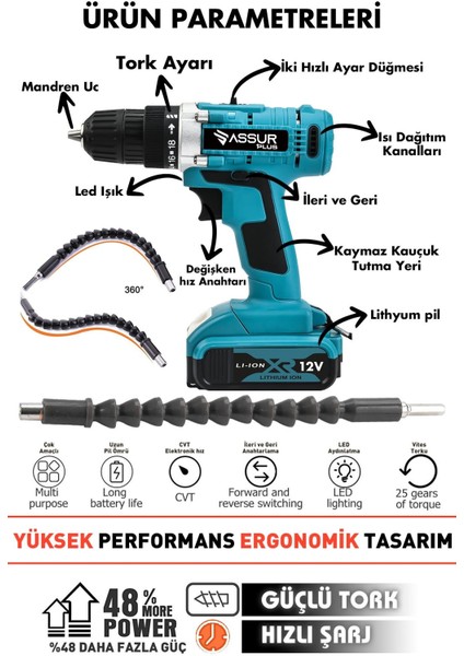 Assur Plus 58 vF 5 Ah Çelik Şanzıman Bakır Sargılı Çift Akülü Şarjlı Matkap Vidalama 24 Parça