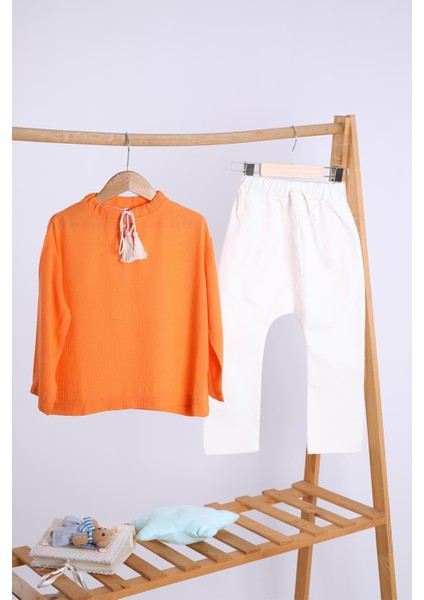 Babyhola Pamuk Bluz Kot Pantolon Kız Erkek Çocuk Salaş Takım Beyaz 1629