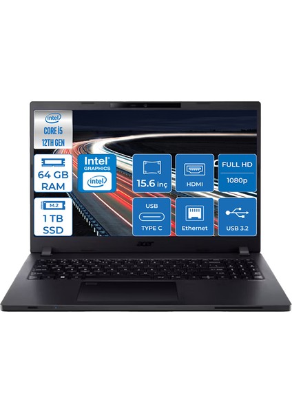 Travelmate P2 Intel Core I5-1235U 64GB 1tb SSD Intel UHD Graphics Fhd 15.6" Freedos Taşınabilir Bilgisayar TMP215F08 + Zettaçanta