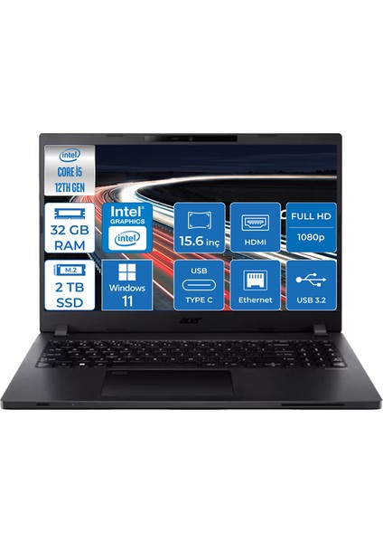 Travelmate P2 Intel Core I5-1235U 32GB 2tb SSD Intel UHD Graphics Fhd 15.6" Windows 11 Home Taşınabilir Bilgisayar TMP215WH06 + Zettaçanta