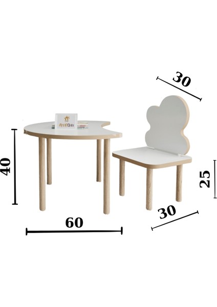 Ahşap Okulu Oyun Aktivite Masası - Etkinlik Masası - Çocuk Ders Çalışma Masası-  Hilal  Masa  ve Bulut  Sandalye