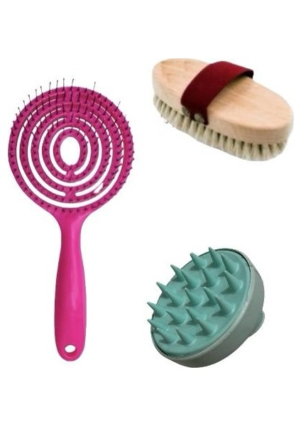 Doğal At Kılı Fırçası 3 Boyutlu Tarak Saç Masaj Tarağı 3 Lü Set