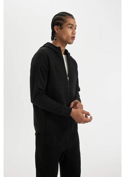 Slim Fit Fermuarlı Skuba Dalgıç Kumaş Hırka Black