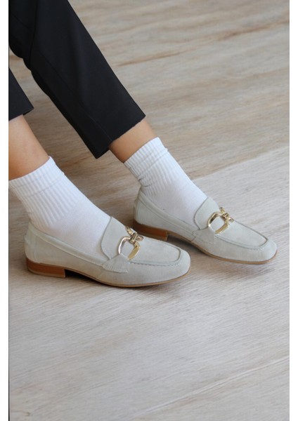 Kadın Kırık Beyaz Hakiki Süet Deri Gold Tokalı Loafer Rahat Maskülen Babet K.352-040 fırsatları