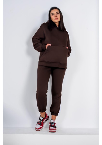 Kadın 3 Iplik Düz Baskısız Oversize Kesim Rahat Kalıp Kışlık Sıcak Tutan Yeni Sezon Eşofman Takımı