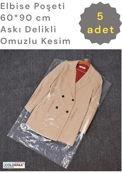 Elbise Poşeti (60*90 Cm) Askı Delikli (5 Adet) Şeffaf (Omuzlu Kesim) Elbise Kıyafet Koruma Hurcu Naylonu