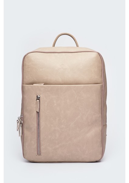 Organizer Premium Deri Sırt Laptop Çantası Unisex Crazy Bej