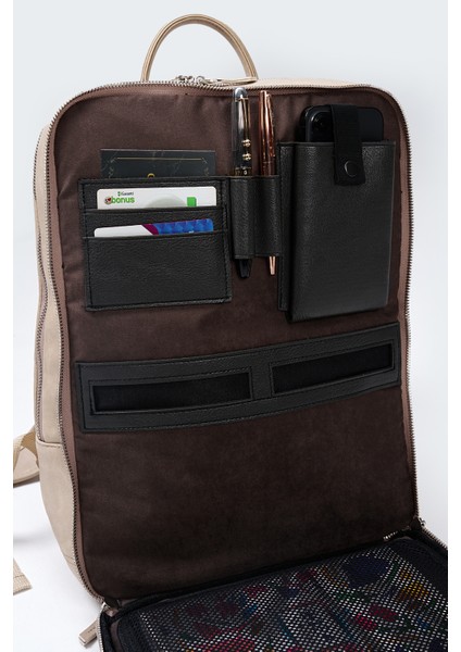 Organizer Premium Deri Sırt Laptop Çantası Unisex Crazy Bej fiyatları