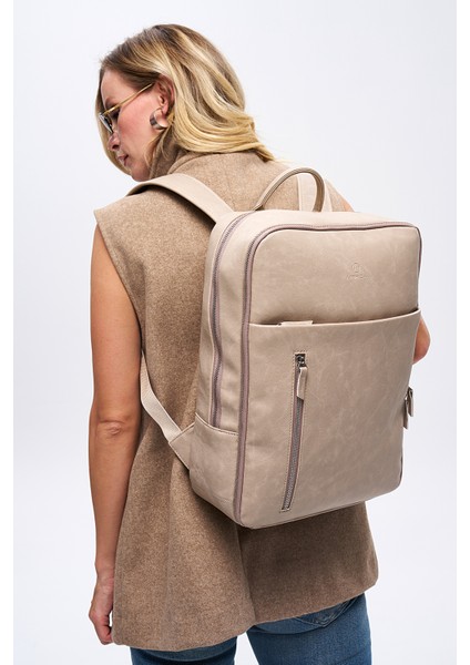 Organizer Premium Deri Sırt Laptop Çantası Unisex Crazy Bej indirimleri