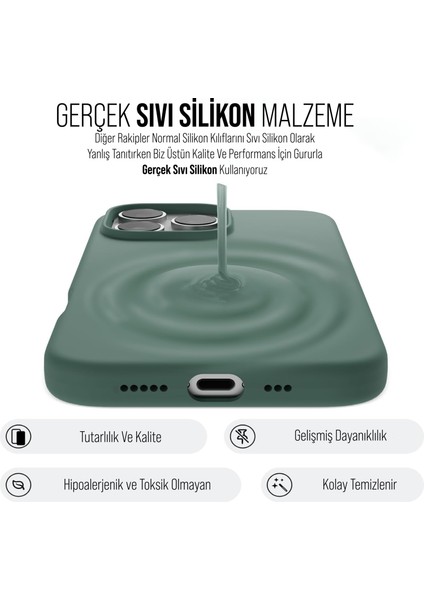 iPhone 16 Pro Max  Kılıf Ince Sıvı Silikon 3 Katmanlı Tam Kaplamalı Yumuşak Jel Kauçuk Kılıf Kapak Yeşil